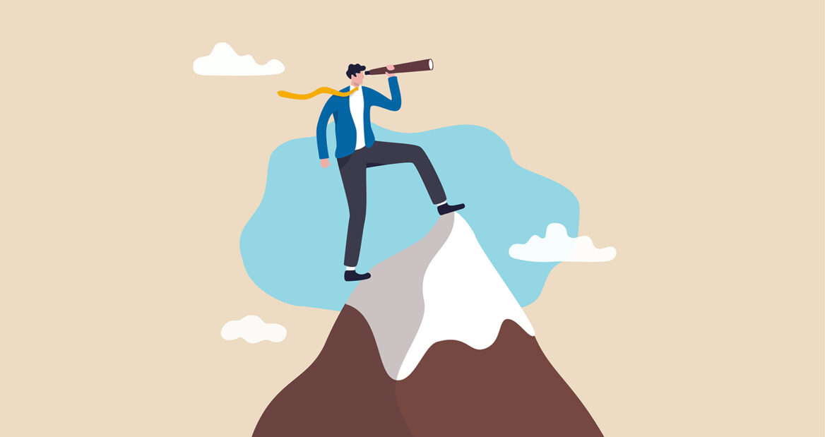 한 남성이 산 정상에서 망원경으로 먼 곳을 바라보고 있는 그림