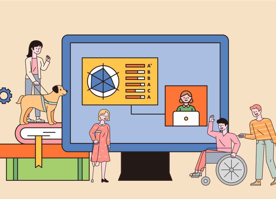 각자 다르게 장애를 겪고 있는 장애인들이 행복한 표정으로 웃고 있는 일러스트