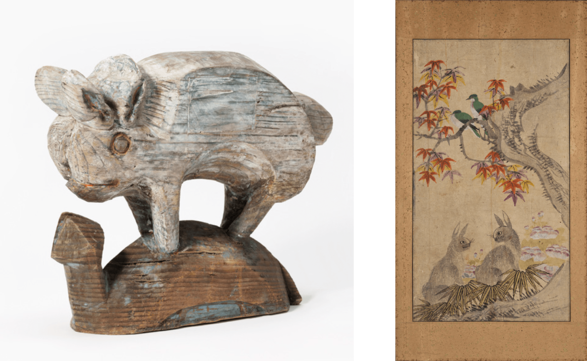 판소리 '수궁가' 속 토끼와 거북이 목각인형 사진과 화조영모도 '토끼와 단풍나무' 그림의 사진