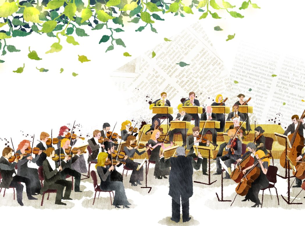 오케스트라 단원들이 지휘자의 지휘에 맞춰 연주하는 그림