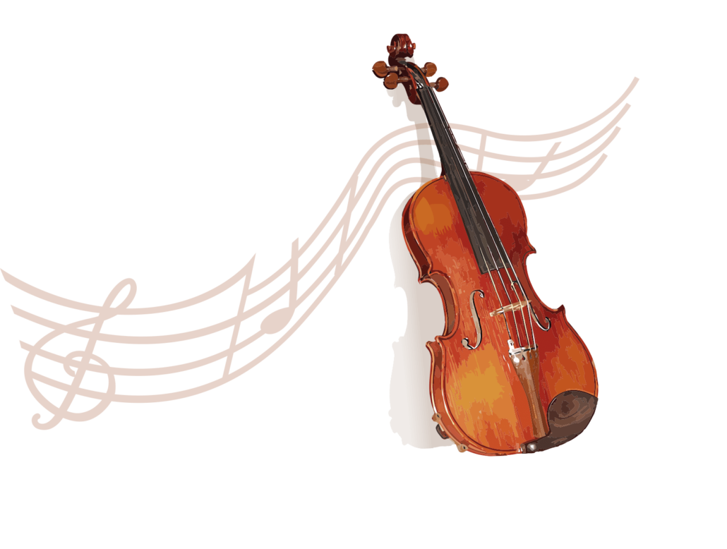 바이올린 이미지와 선율이 느껴지는 악보 이미지