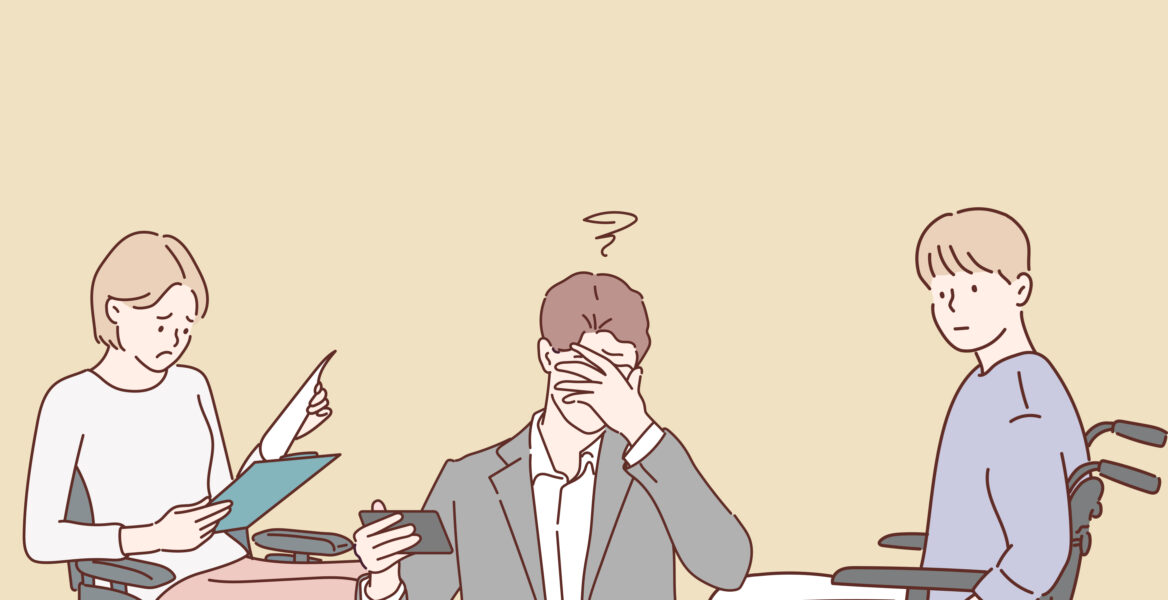 장애인, 비장애인 근로자의 고민하는 모습