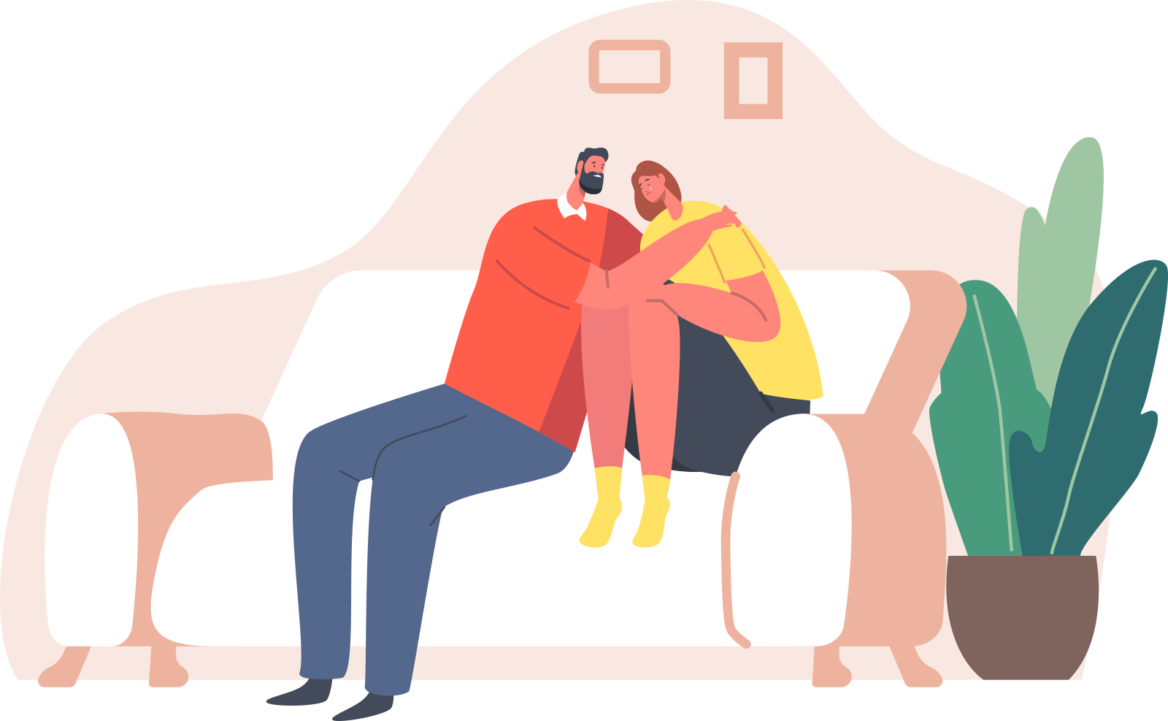 웅크리고 있는 여성과 그를 곁에서 위로하는 남성