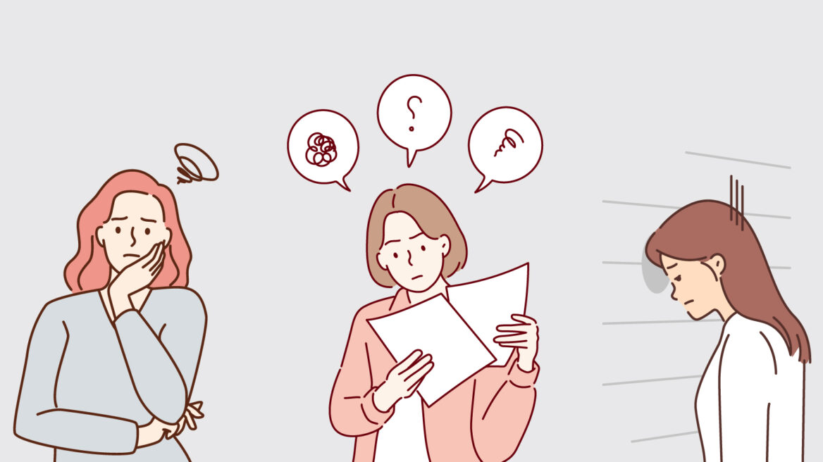 긴머리를 한 두 명의 여성과 단발머리를 한 여성이 고민에 잠겨있는 일러스트 이미지