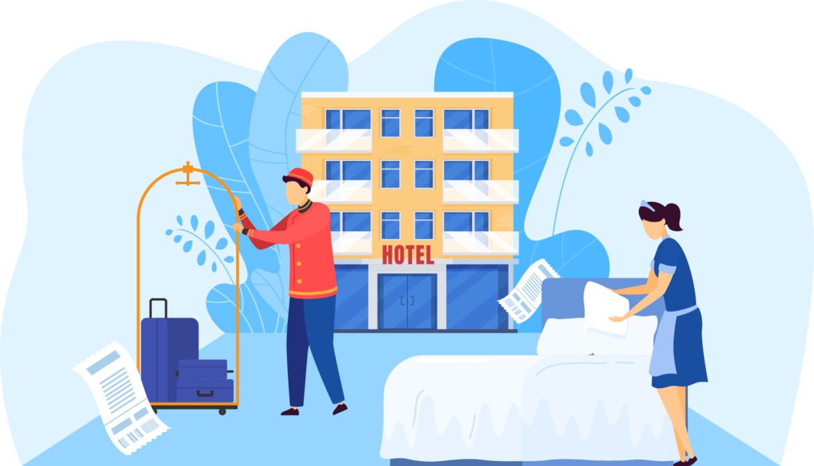 호텔에서 남성과 여성의 근로자가 일을 하고 있는 모습의 일러스트 이미지