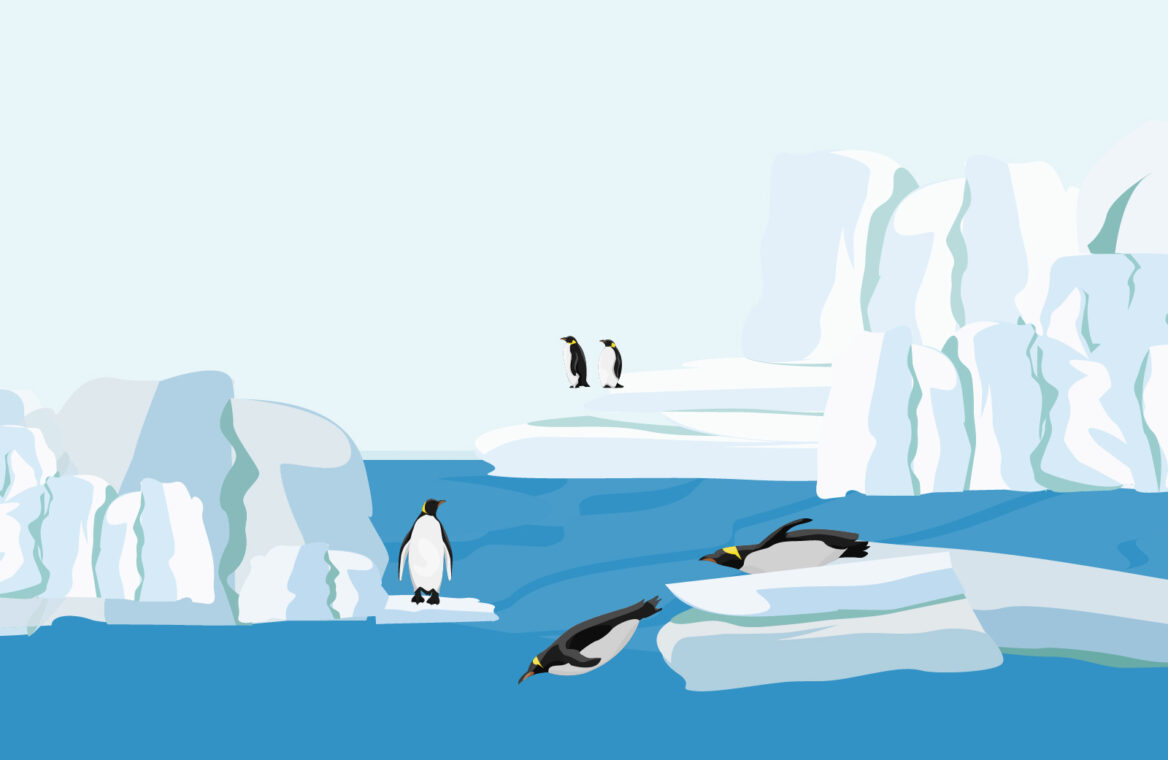빙하에서 첫 번째 펭귄이 거친 바다로 뛰어들자 나머지 펭귄들도 따라 뛰어드는  일러스트 이미지