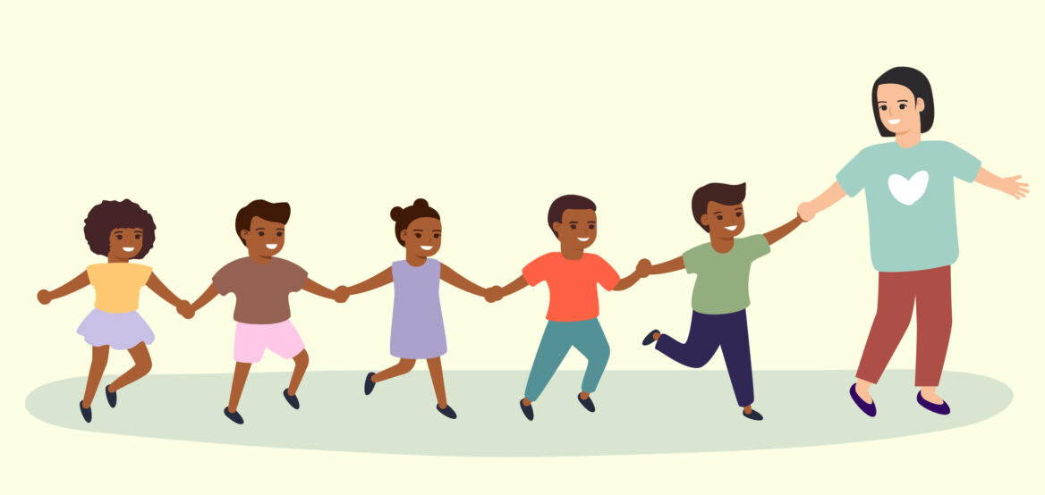 아이들이 선생님을 따라 손을 잡고 있는 일러스트 이미지