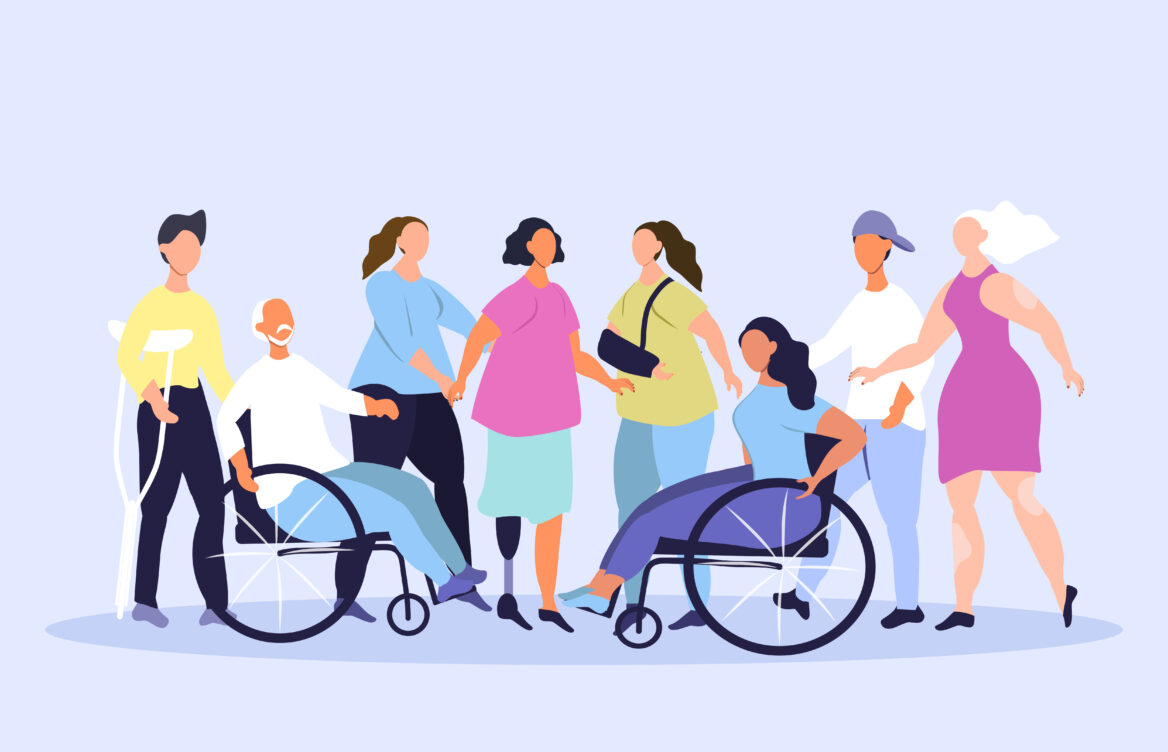 장애인과 비장애인이 함께 있는 모습의 일러스트 그림