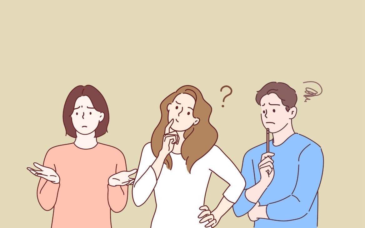 두 명의 여성과 남성이 고민하고 있는 모습의 일러스트 그림