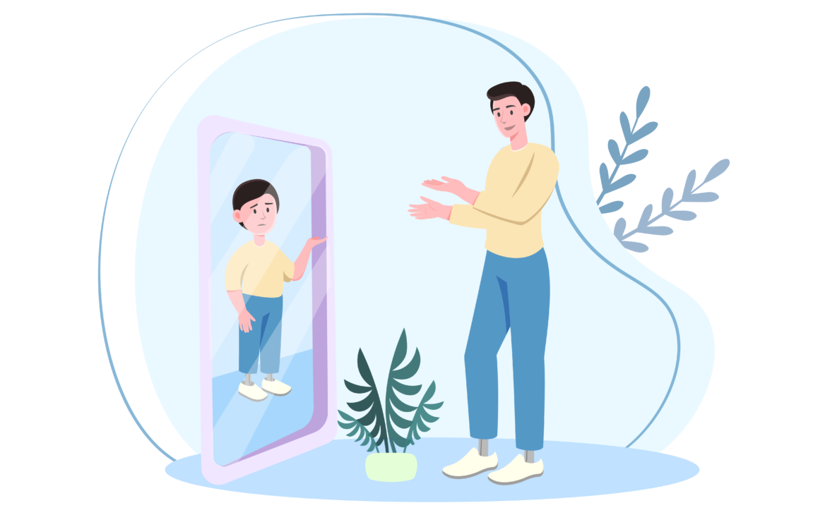 성인이 된 사람이 거울에 비친 어린시절의 나를 보는 모습의 일러스트 그림