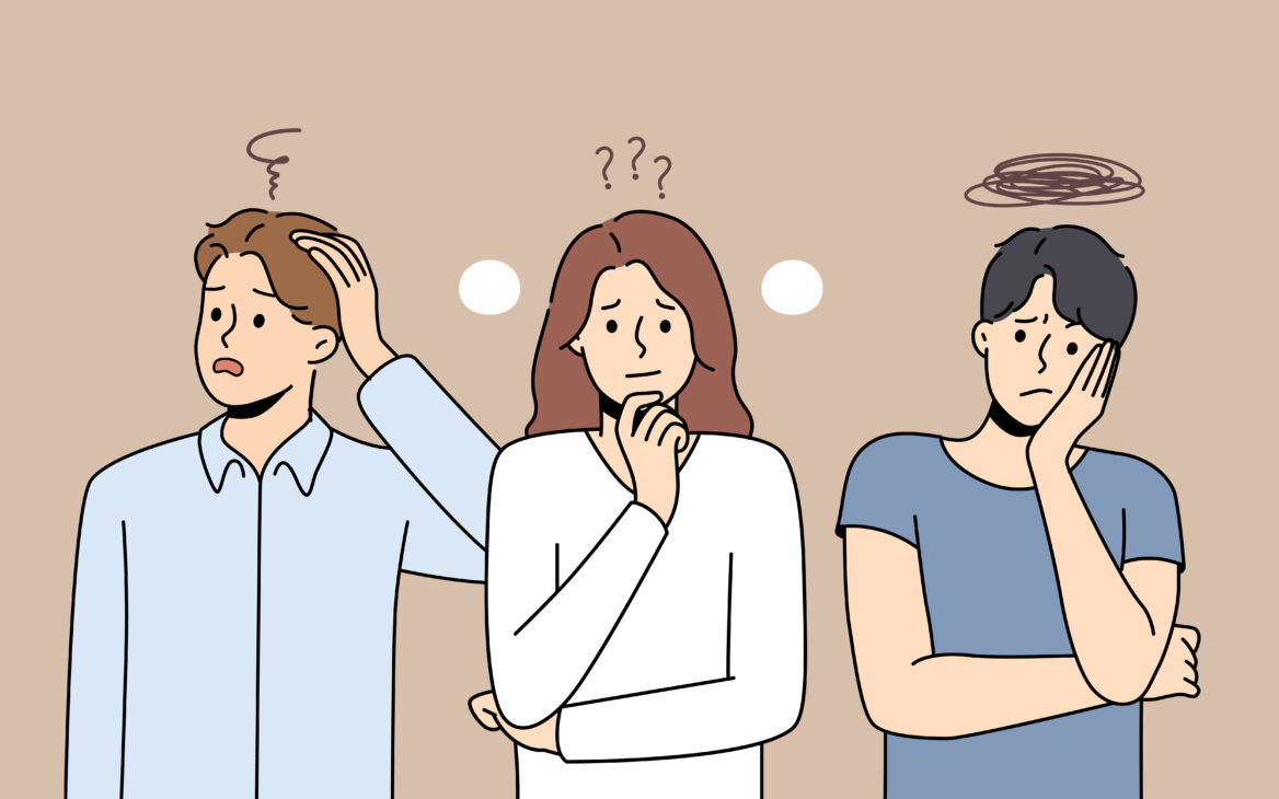 고민하는 세 남녀의 일러스트 그림