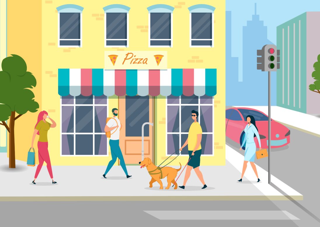 여러명의 사람들 가운데 한 남성이 안내견과 함께 걸어가는 모습의 일러스트 이미지