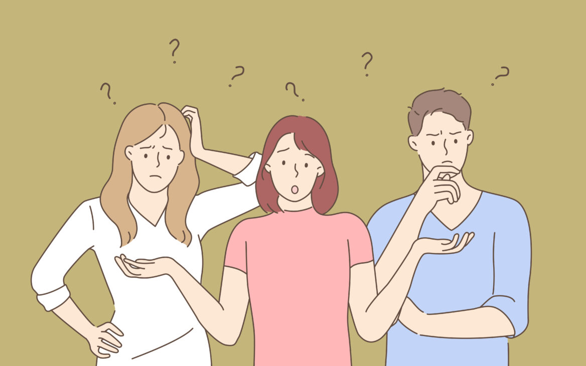 두명의 여성과 한명의 남성 머리 위로 물음표가 그려져있는 일러스트 이미지