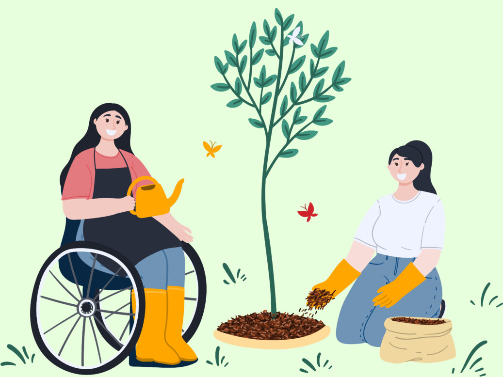 휠체어를 탄 여성과 머리를 묶은 여성이 화분에 물을 주는 일러스트 그림