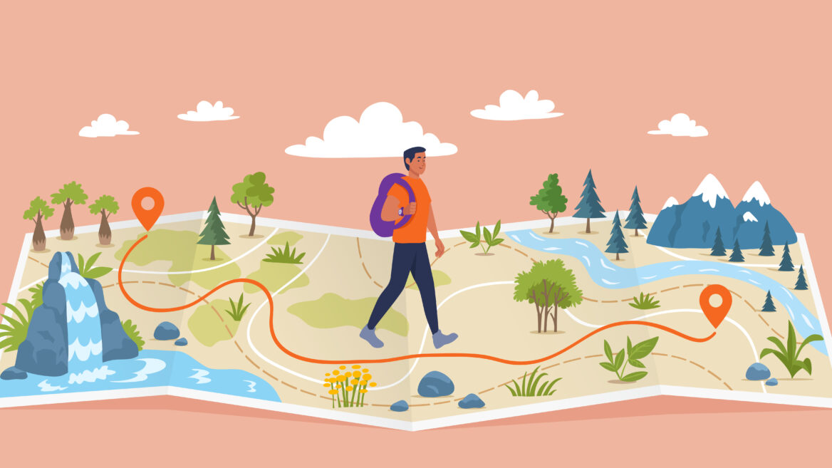 한 남성이 산을 등산하고 있는 모습의 일러스트 그림