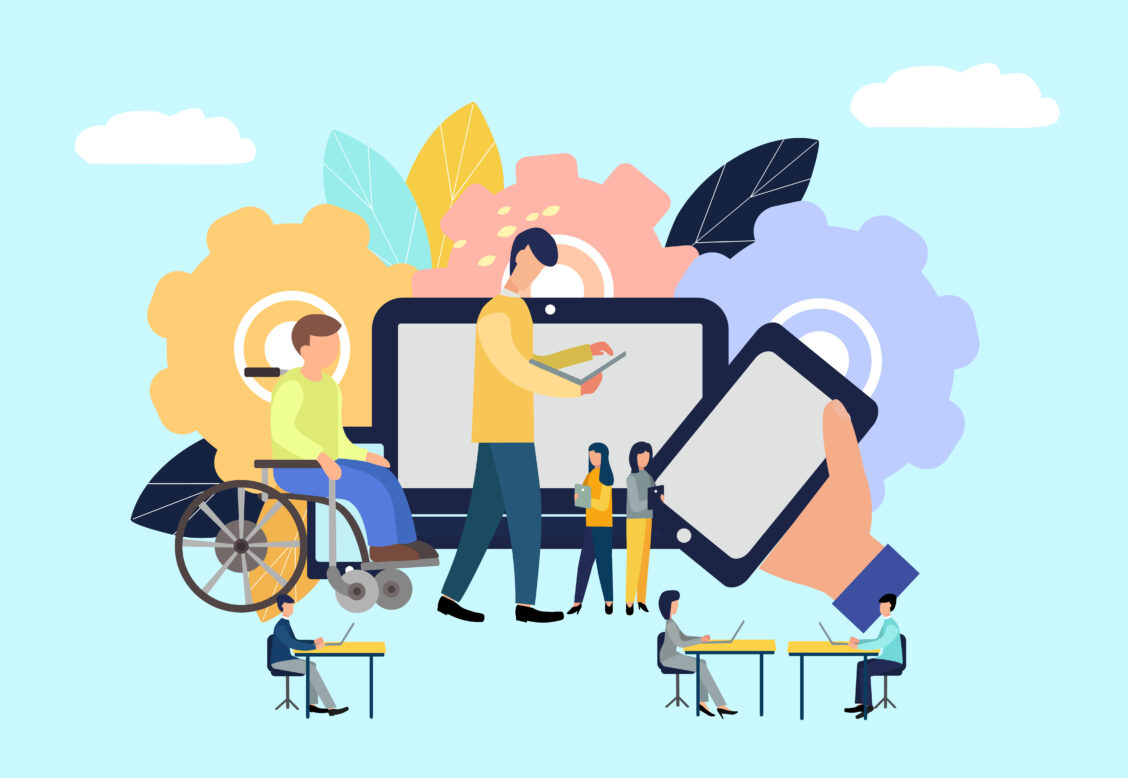 휠체어를 탄 장애인과 비장애인이 앉아있는 일러스트 그림. 