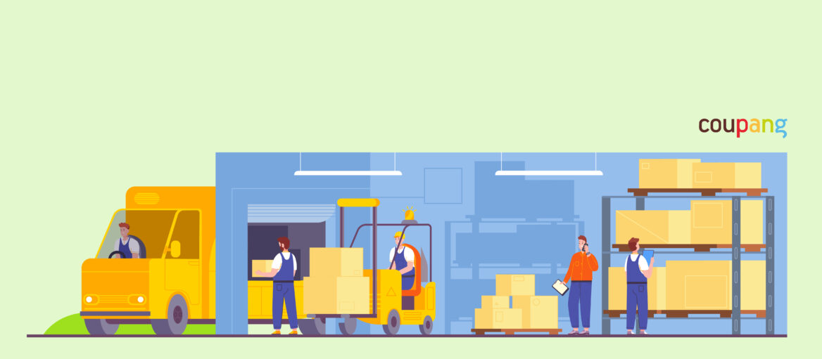 여러명의 사람들이 쿠팡에서 화물차에 택배상자를 싣는 모습의 일러스트 그림