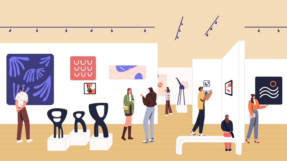 전시회에서 그림을 보는 다양한 사람들 일러스트 그림