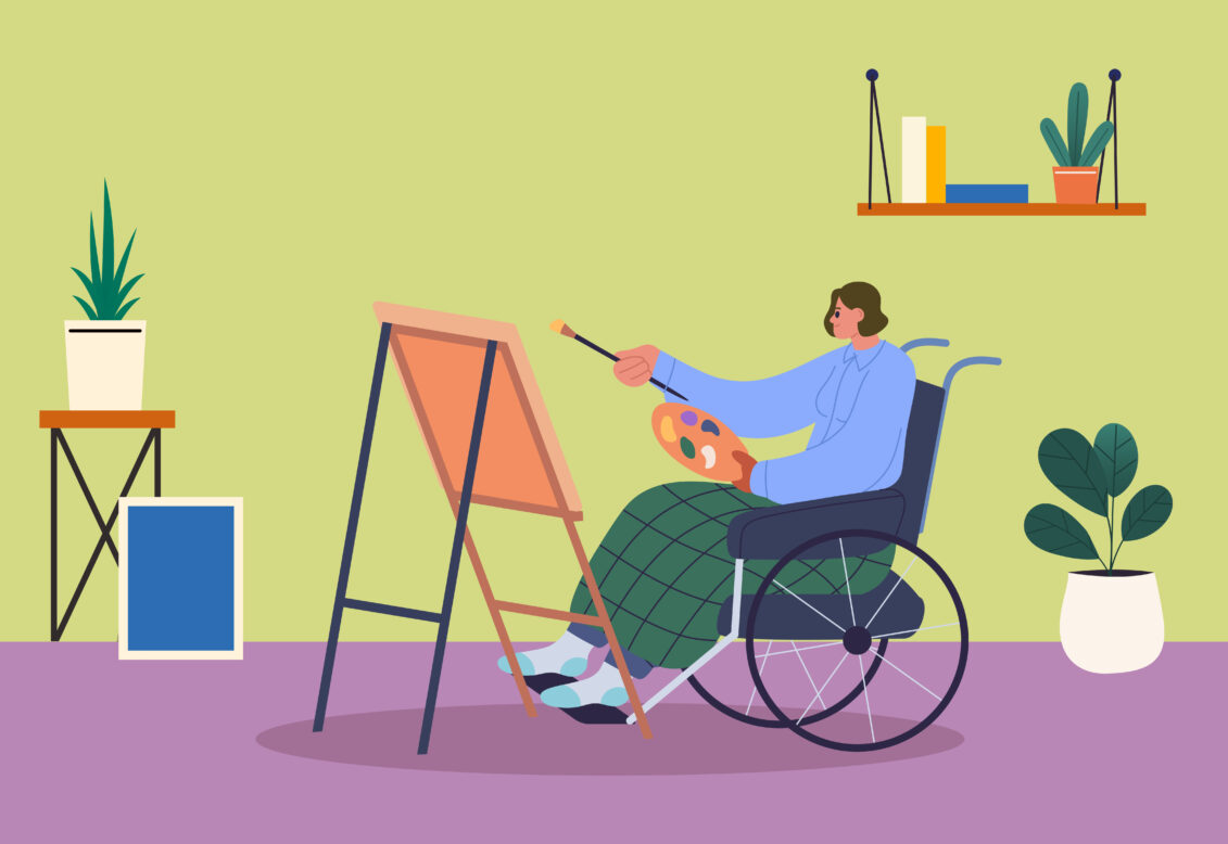 휠체어를 탄 한 여성이 그림을 그리고 있는 일러스트 사진