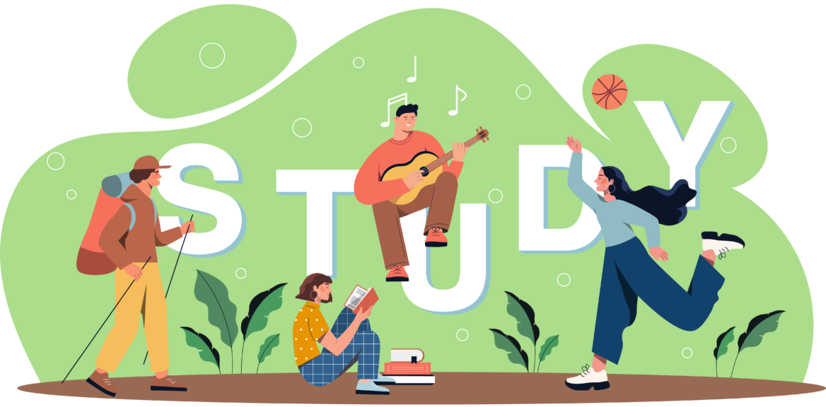 등산하는 남자와 기타치는 남자, 운동하는 여자가 있는 일러스트 그림