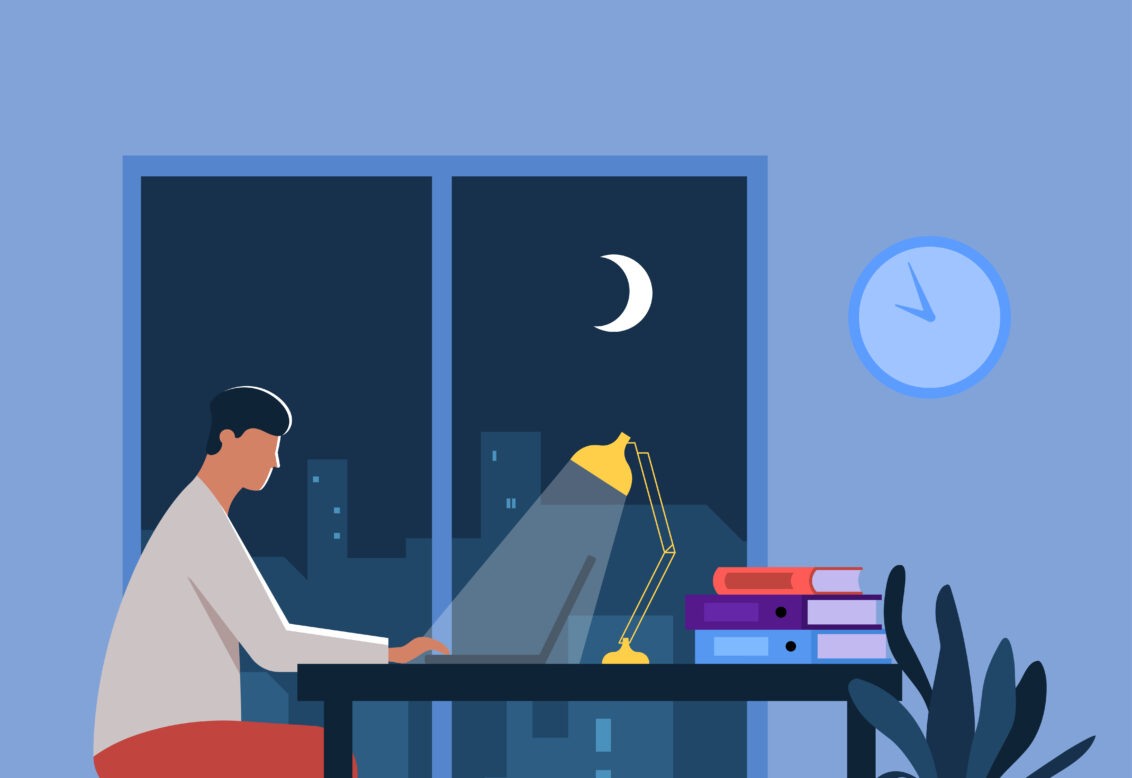 한 남성이 밤 늦게 공부하는 일러스트 그림