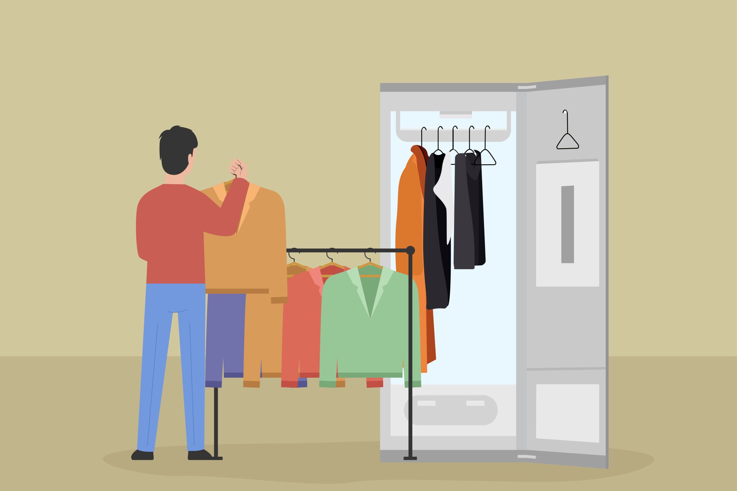 한 남성이 옷을 관리하고 있는 일러스트 그림