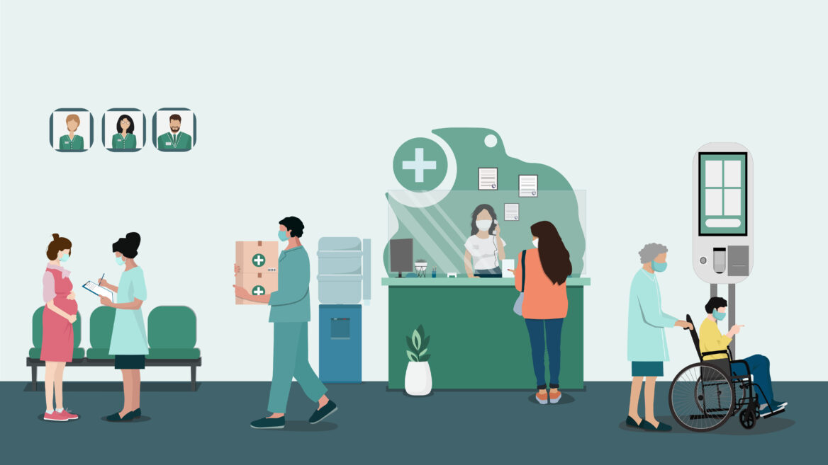 장애인 근로자가 의료물품이 담긴 택배를 나르고 있는 일러스트 그림